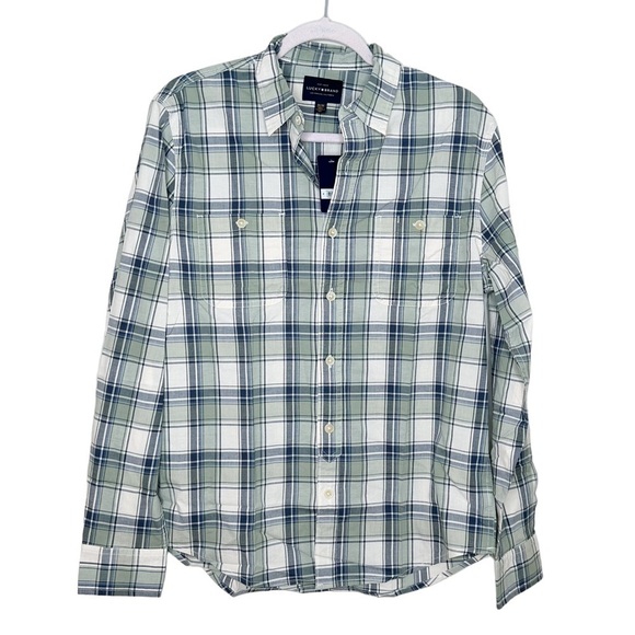 NWT Lucky Brand Men's Medium Button Down Green Casual Plaid Shirt - Picture 1 of 5